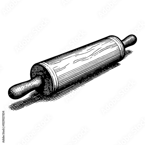 Rolling Pin Kitchen Tool in Vintage Black and White Outline Line Art Drawing with Handles