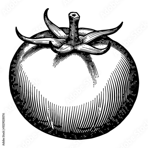 Tomato Vegetable in Retro Black and White Outline Line Art Drawing with Detailed Shading