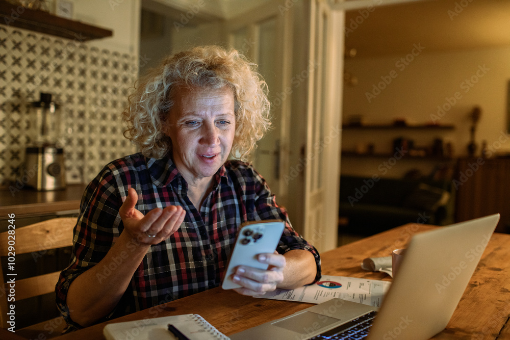 Worried elderly woman looking at laptop while managing finances at night Worried elderly woman looking at laptop while managing finances at night
