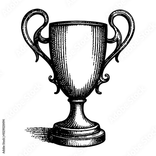 Vintage Trophy in Elegant Black and White Outline Line Art Drawing with Detailed Engravings