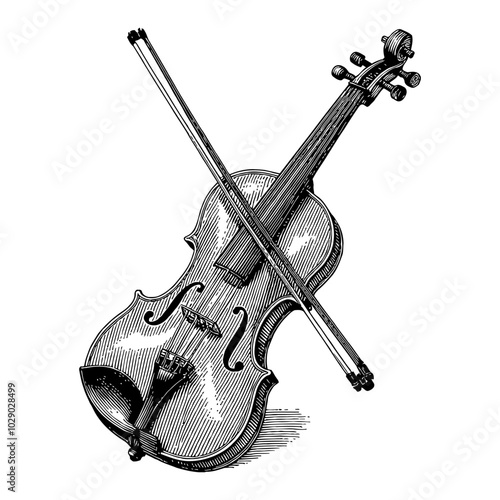 Violin with Bow Crossed in Detailed Black and White Outline Line Art Drawing Illustration