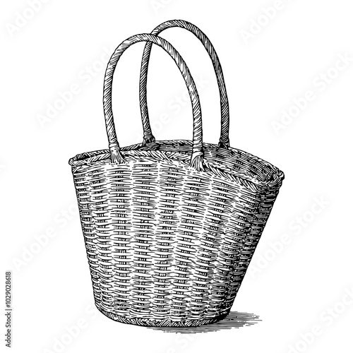 Classic Wicker Beach Bag in Detailed Black and White Outline Line Art Drawing with Handles