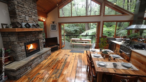 A cozy, rustic cabin interior with a stone fireplace, wooden floors, large windows revealing lush greenery, and a dining table set for a meal