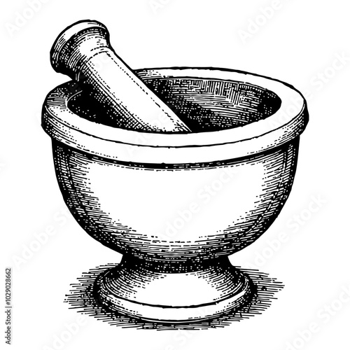 Empty Mortar and Pestle in Detailed Black and White Outline Line Art Drawing Illustration