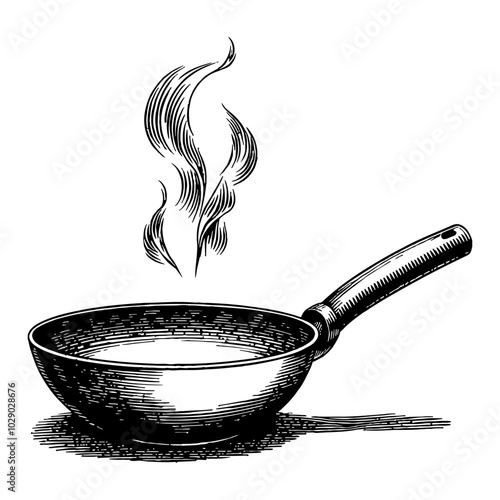 Empty Wok with Rising Steam in Detailed Black and White Outline Line Art Drawing