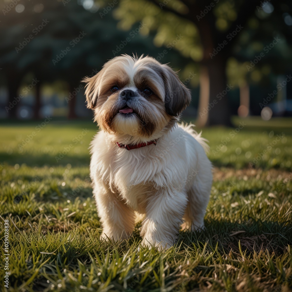 A small, white and brown Shih Tzu dog with a red collar stands on a green grassy lawn, looking directly at the camera. A small, white and brown Shih Tzu dog with a red collar stands on a green grassy lawn, looking directly at the camera.