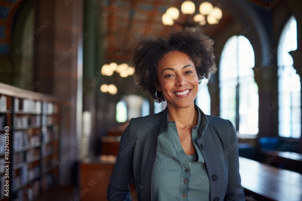 Fototapeta premium Portrait of a smiling afro-american woman in her 50s wearing a chic cardigan over classic library interior