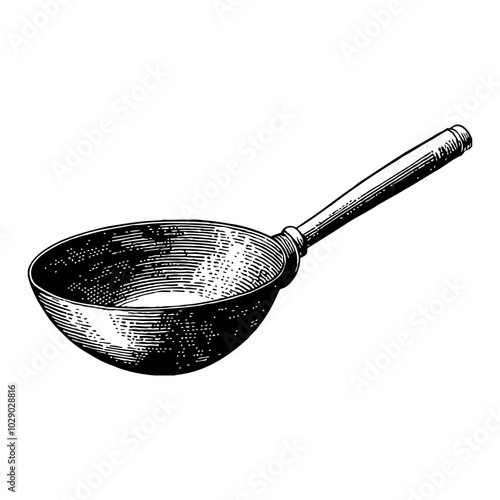 Empty Wok with Long Handle in Traditional Black and White Outline Line Art Drawing
