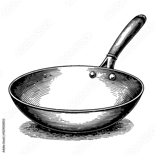 Empty Wok in Classic Black and White Outline Line Art Drawing with Detailed Engravings