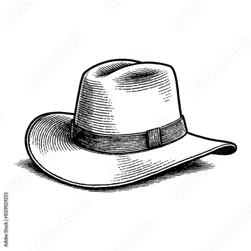 Beach Hat with Wide Brim in Vintage Black and White Outline Line Art Drawing Style