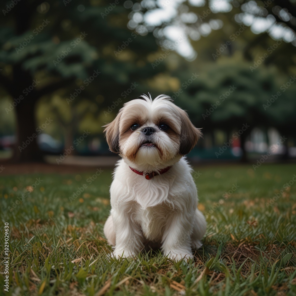 A small white and brown Shih Tzu dog sits on a green grassy lawn, looking up at the camera.