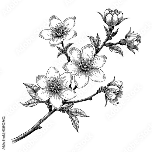 Cherry Blossoms Branch in Detailed Black and White Outline Line Art Drawing with Flowers