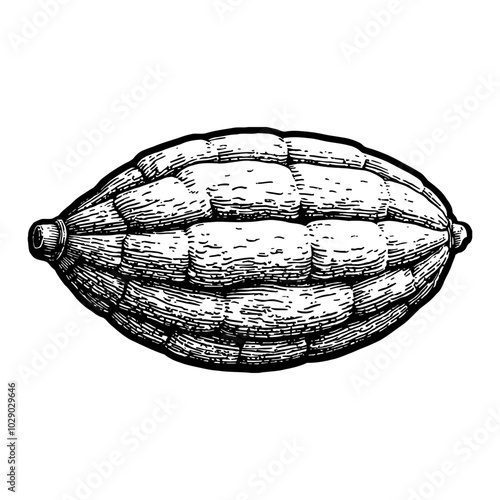 Cocoa Bean Detailed Black and White Outline Line Art Drawing with Vintage Style Etching