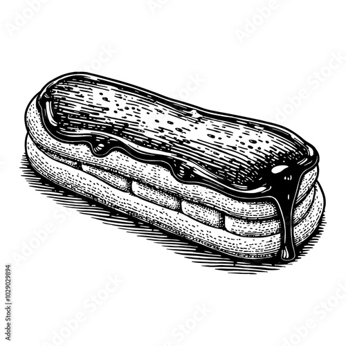 Eclair with Melt Chocolate Topping in Detailed Black and White Outline Line Art Drawing