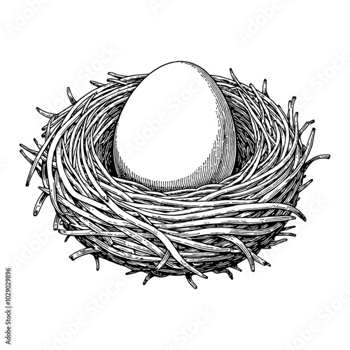 Egg in Nest Detailed Black and White Outline Line Art Drawing with Intricate Twigs Design