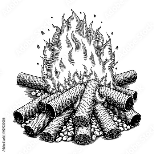 Fire and Coal Illustration with Logs in Black and White Outline Line Art Drawing Style