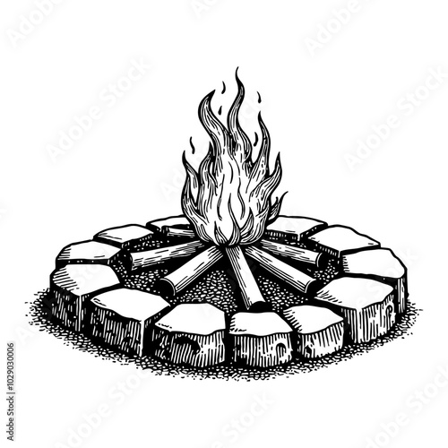 Circular Stone Fire Pit with Flames in Black and White Outline Line Art Drawing
