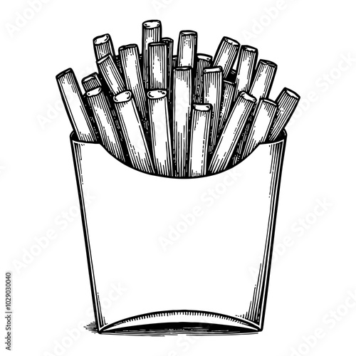French Fries in Box Detailed Black and White Outline Line Art Drawing with Vintage Style