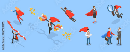 3D Isometric Flat Vector Set of Hero Persons, Superhero Business Persons Various Poses