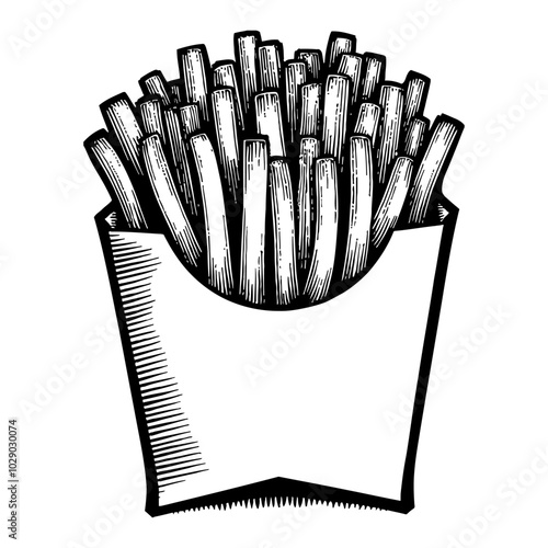 French Fries in a Box Black and White Outline Line Art Drawing with Detailed Design