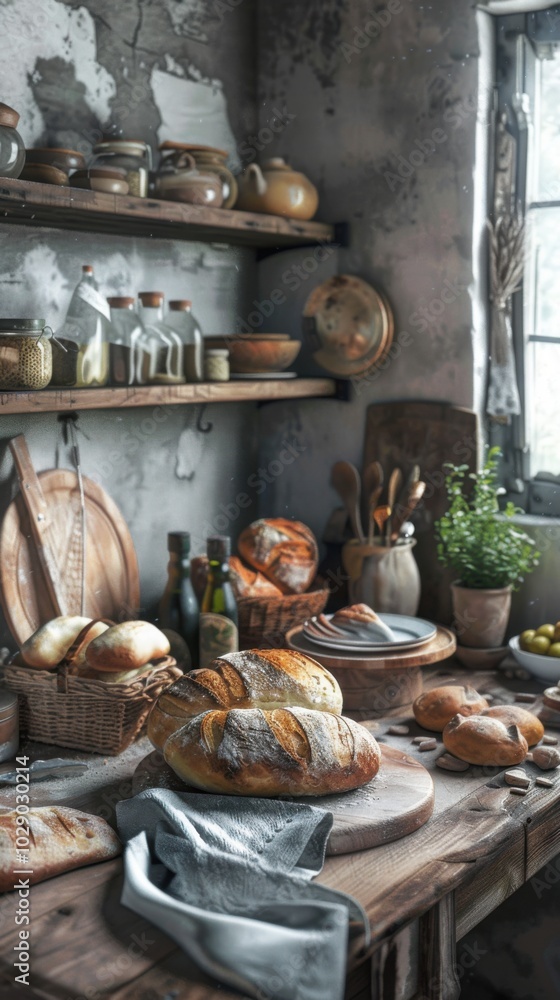 Fototapeta premium Freshly baked bread in a rustic kitchen, 4K hyperrealistic photo