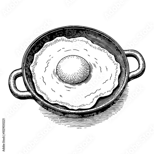 Fried Egg in Frying Pan Detailed Black and White Outline Line Art Drawing with Handles