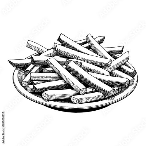 Plate of French Fries in Detailed Vintage Black and White Outline Line Art Drawing Style
