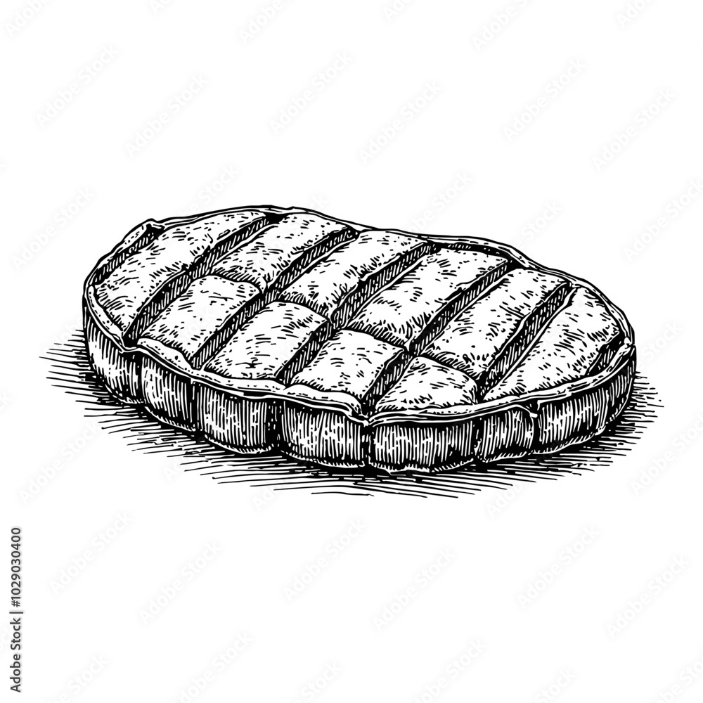 Grilled Meat Steak in Detailed Black and White Outline Line Art Drawing with Textured Surface Grilled Meat Steak in Detailed Black and White Outline Line Art Drawing with Textured Surface
