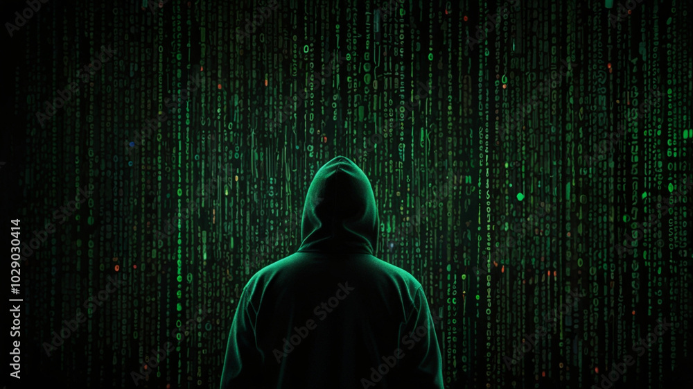 Hacker in Dark Room Facing Digital Wall of Code Hacker in Dark Room Facing Digital Wall of Code
