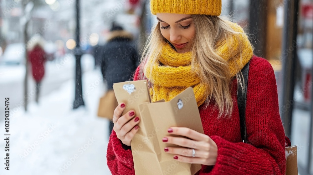 Woman in Red Sweater Opening Gift in Winter City Woman in Red Sweater Opening Gift in Winter City