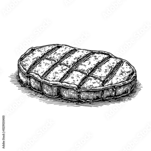 Grilled Meat Steak in Detailed Black and White Outline Line Art Drawing with Textured Surface