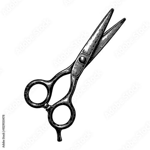 Hair Scissors Detailed Black and White Outline Line Art Drawing with Vintage Style Design