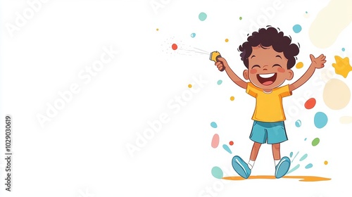 Happy Boy Playing with Water Gun Colorful Background Summer Fun Cartoon Illustration