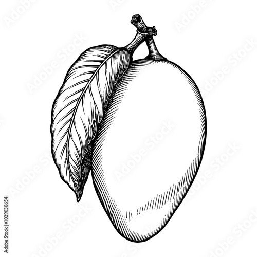 Mango Fruit with Leaf in Vintage Style Black and White Outline Line Art Drawing Detail