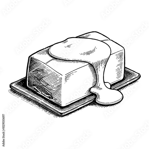Melting Butter on Plate in Retro Black and White Outline Line Art Drawing Illustration Style