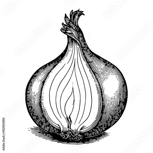 Onion Vegetable in Detailed Black and White Outline Line Art Drawing with Crosshatch Shading