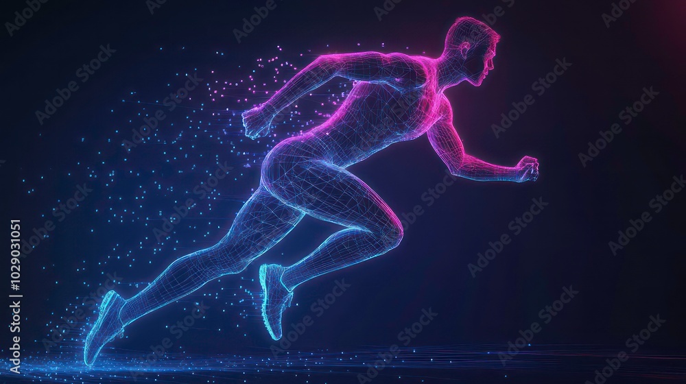 A digital rendering of a man running, with his body composed of lines and dots of light. A digital rendering of a man running, with his body composed of lines and dots of light.