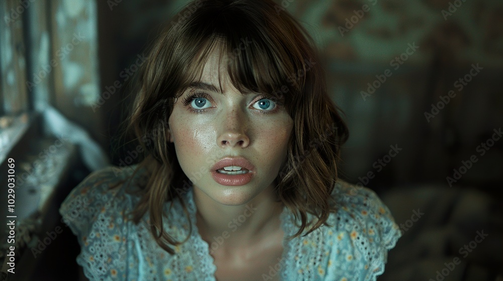 Close-up Portrait of a Woman with Blue Eyes and Surprised Expression Close-up Portrait of a Woman with Blue Eyes and Surprised Expression