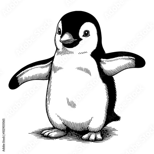 Penguin Chick Portrait in Charming Black and White Outline Line Art Drawing with Detail photo