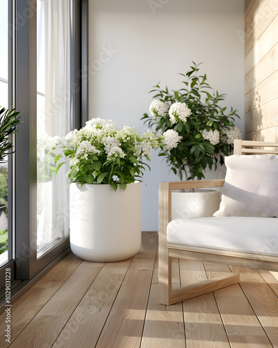 Beautiful balcony or terrace with wooden floor, chair, green potted flowers plants. Stylish balcony home terrace with city background. 3d render.