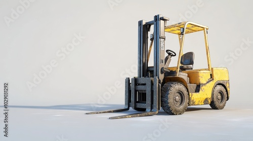 Forklift yellow and black isolated view front, vehicle equipment transportation moving transport storage warehouse pallet