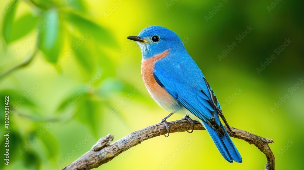 A vibrant bluebird perched on a branch with a green backdrop. A vibrant bluebird perched on a branch with a green backdrop.