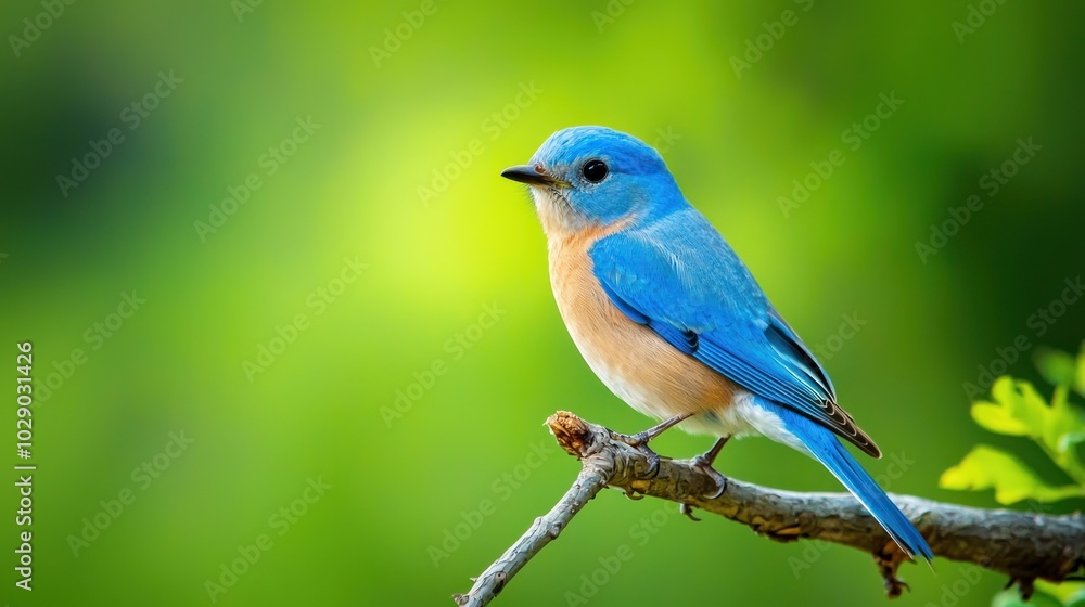 A vibrant bluebird perched on a branch with a green backdrop. A vibrant bluebird perched on a branch with a green backdrop.