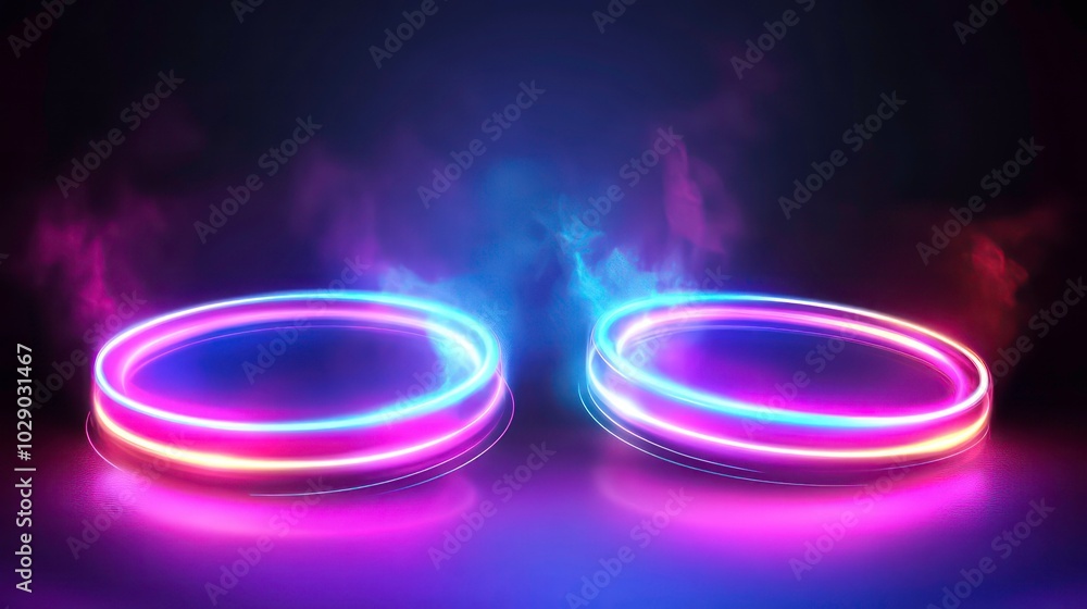Two glowing neon circles with blue and pink light on a dark background. Two glowing neon circles with blue and pink light on a dark background.