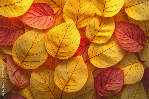 Colorful autumn leaves spread across a flat surface in sunlight