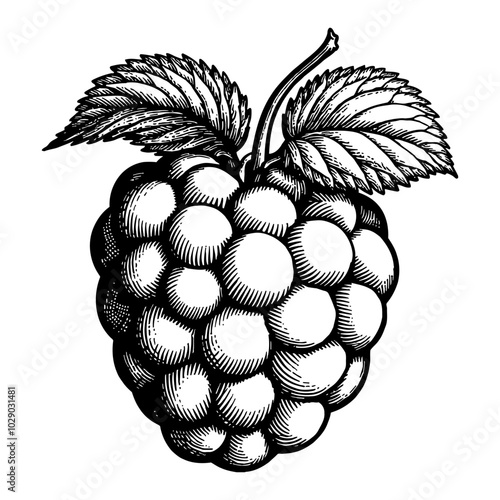 Raspberry with Leaves in Antique Style Black and White Outline Line Art Drawing