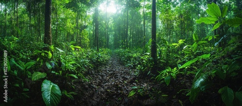 A pathway through a dense jungle, with sun shining through the canopy.