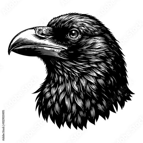 Raven Head Portrait in Detailed Black and White Outline Line Art Drawing with Beak Focus