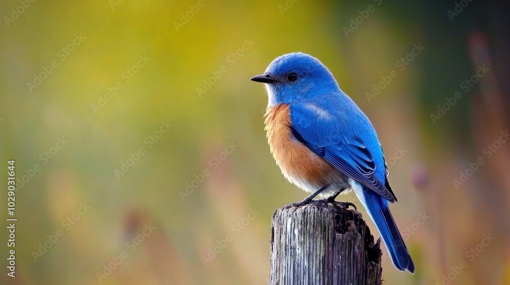 A bluebird resting on a fence post, surrounded by nature. A bluebird resting on a fence post, surrounded by nature.