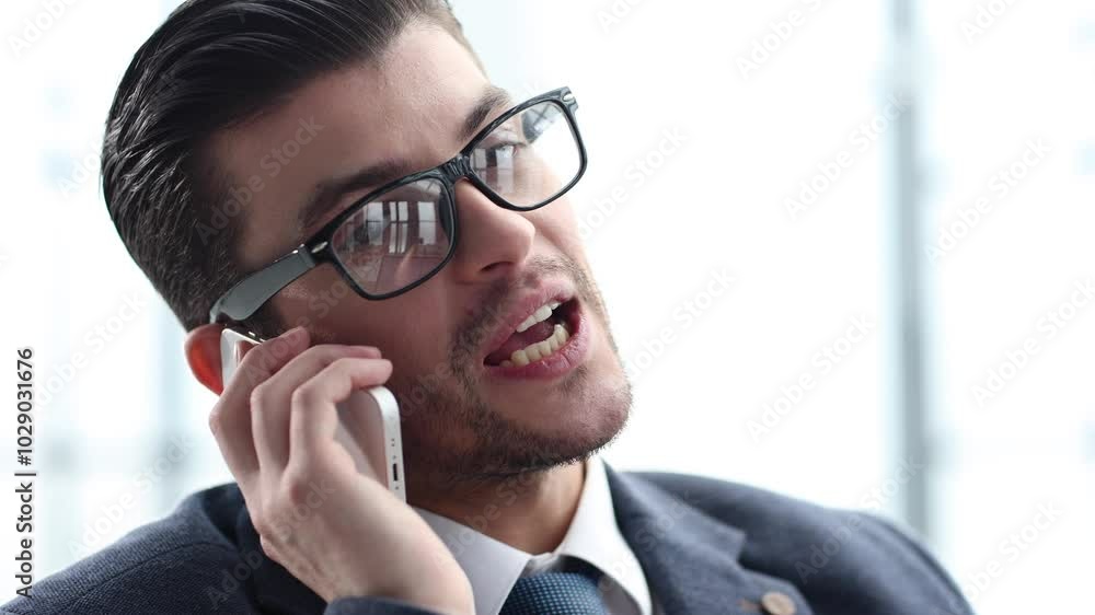 A male businessman is talking on the phone in close-up A male businessman is talking on the phone in close-up